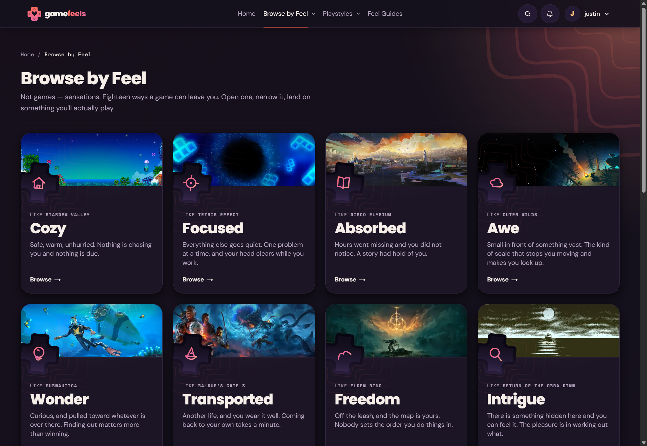 Browse by Feel: a grid of labelled doors for Cozy, Focused, Absorbed, Awe, Wonder, Transported, Freedom, and Intrigue, each with a sentence describing the sensation and an example game.