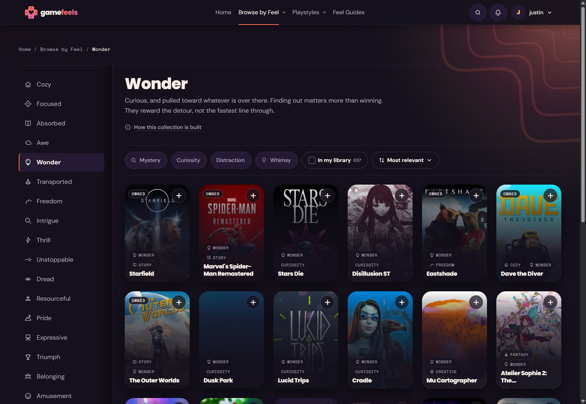 The Wonder door opened: a sidebar of eighteen feelings, filter chips for mystery, curiosity, distraction and whimsy, and a grid of owned and unowned games tagged with the sensations they deliver.