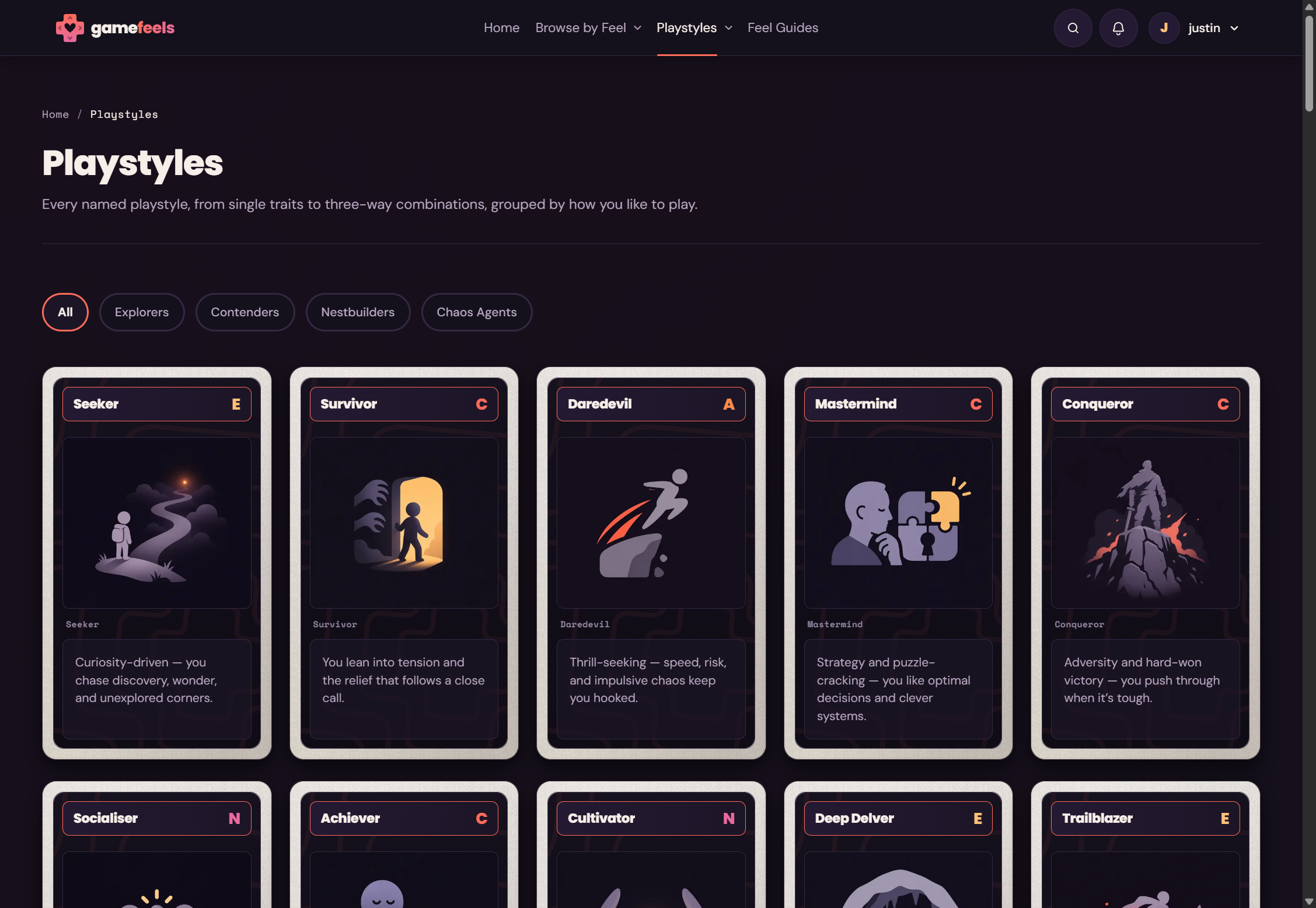The Playstyles index: filter chips for Explorers, Contenders, Nestbuilders and Chaos Agents, and a grid of named mixes including Seeker, Survivor, Daredevil, Mastermind and Conqueror.
