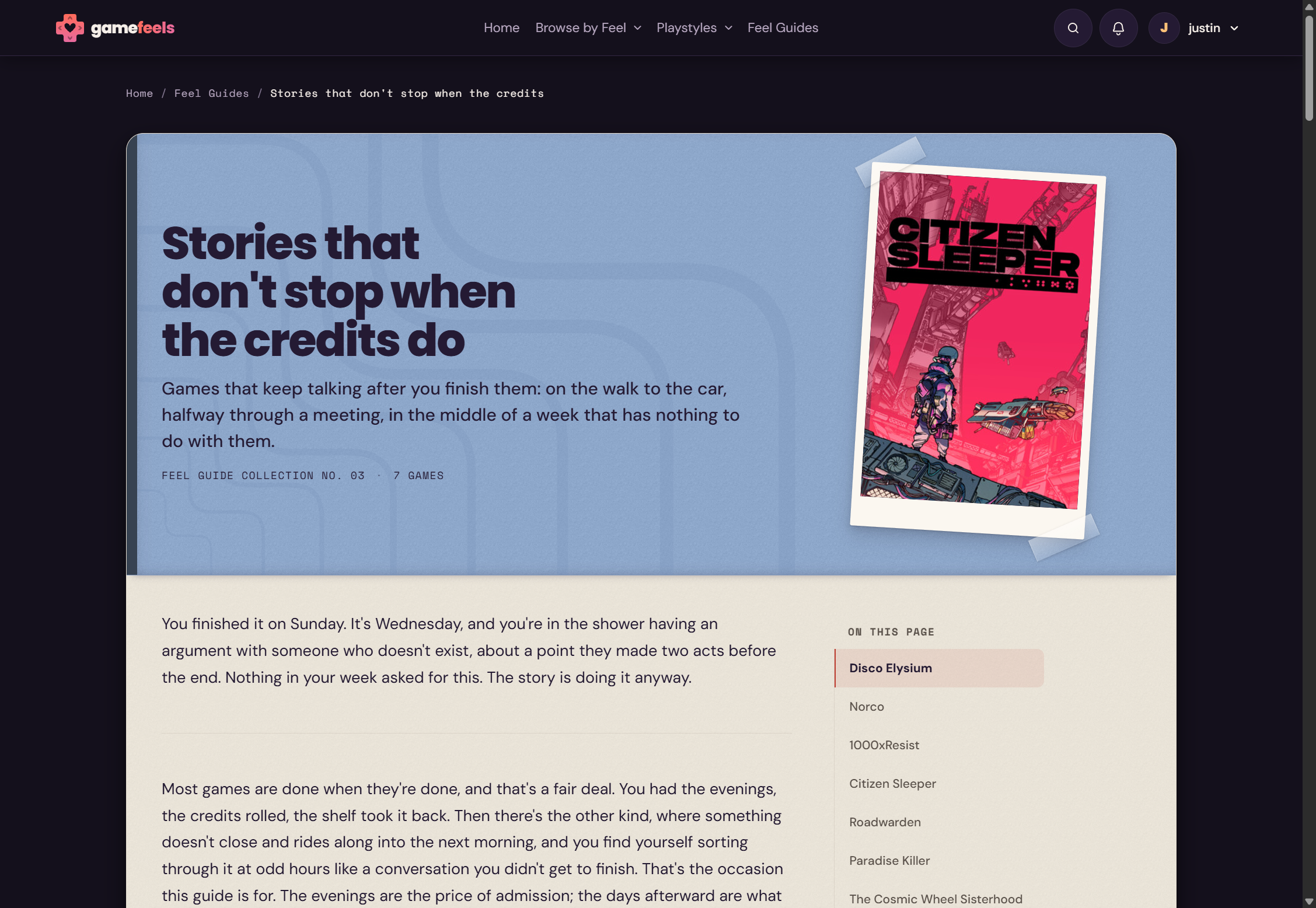 Feel Guide collection no. 03, Stories that don't stop when the credits do, with Citizen Sleeper on the cover and a contents list starting at Disco Elysium.