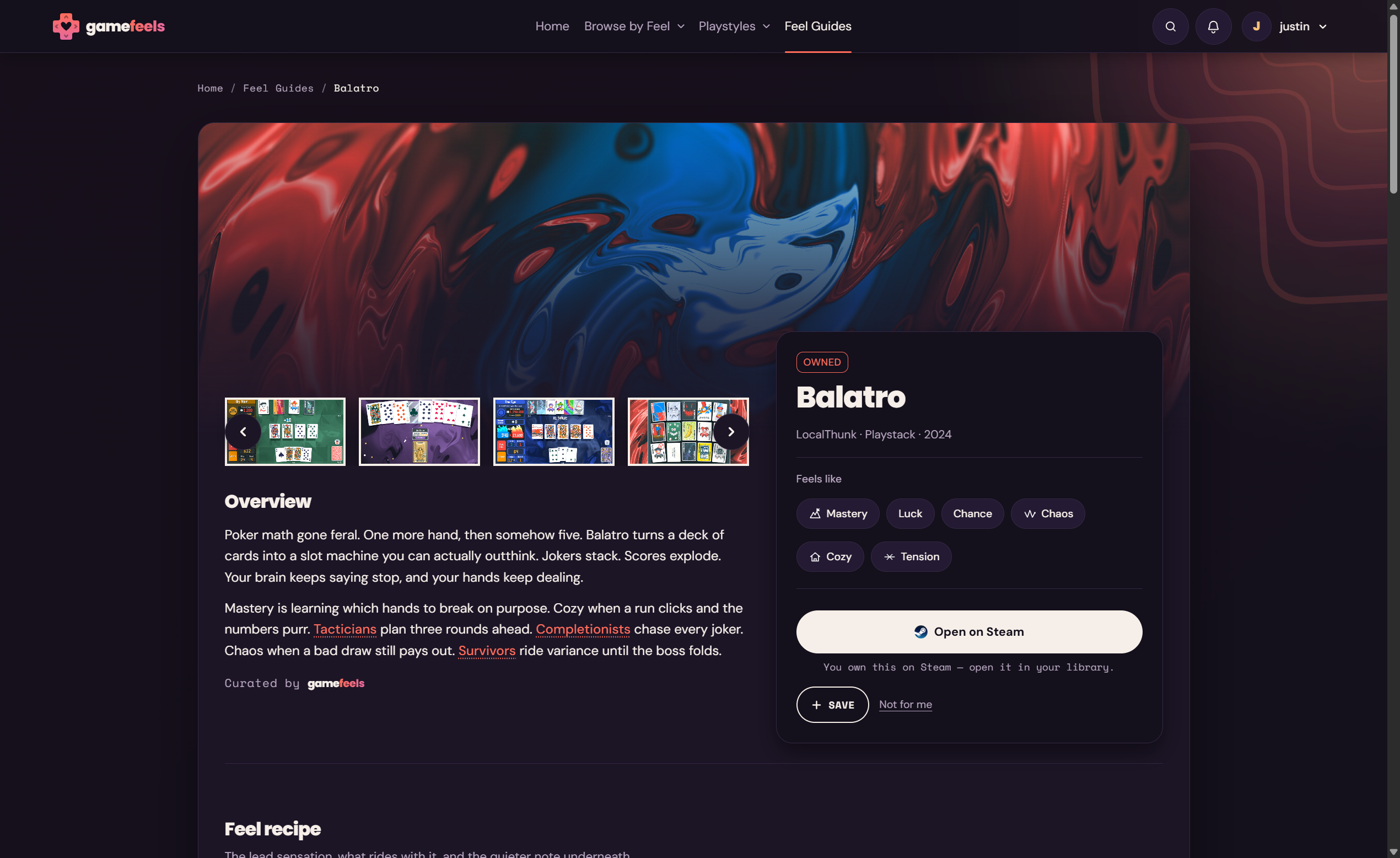 A Balatro game page with Feels like chips for Mastery, Luck, Chance, Chaos, Cozy and Tension, a written overview, and an Open on Steam button.