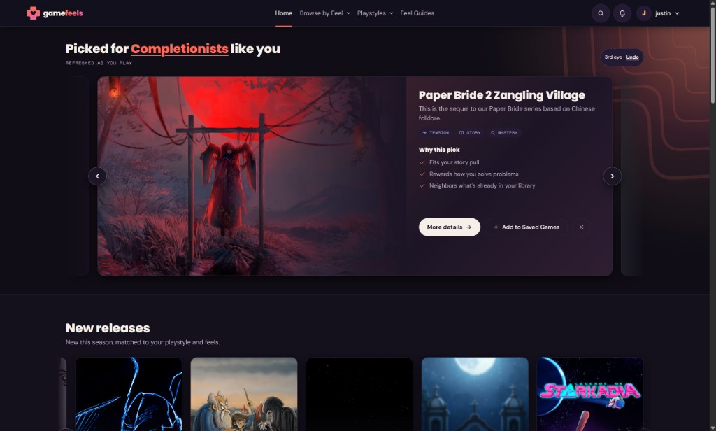 The home page: a ranked pick of Paper Bride 2 Zangling Village for Completionists, a Why this pick panel, and a row of new releases below.