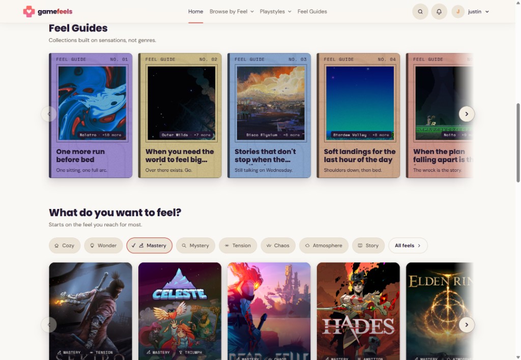 The Gamefeels home page in light mode: cream paper, Feel Guides, Mastery selected, and a carousel of Sekiro, Celeste, Dead Cells, Hades and Elden Ring.