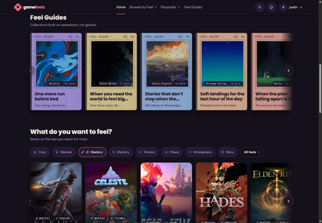 The same Gamefeels home page in dark mode: deep purple stage, Feel Guides, Mastery selected, and the same Mastery carousel.